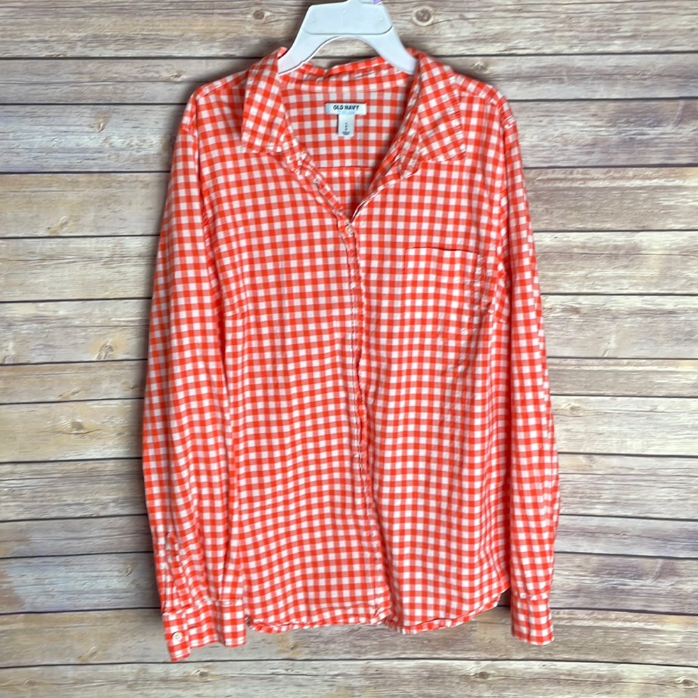 Women’s Orange and Checkered Old Navy Button Down